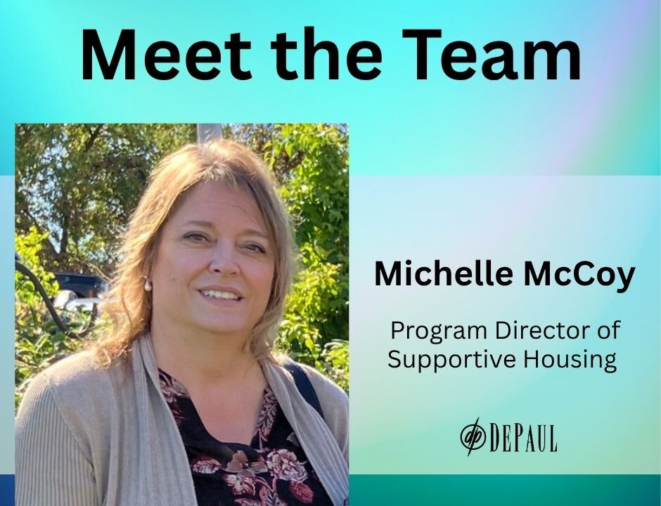 Blue and purple gradient background with photo of Michelle McCoy and text Program Director of Supportive Housing plus black DePaul logo at bottom
