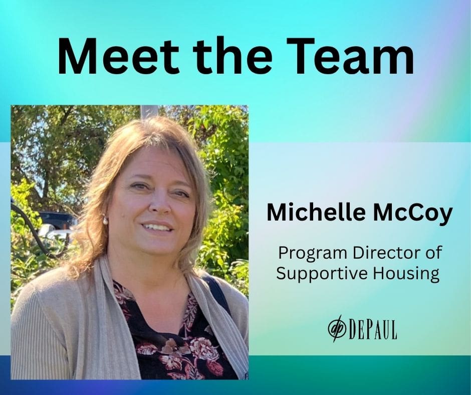 Blue and purple gradient background with photo of Michelle McCoy and text Program Director of Supportive Housing plus black DePaul logo at bottom
