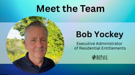 Blue and purple gradient background with photo of Bob Yockey, Executive Administrator of Residential Entitlements and Black DePaul logo