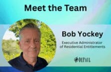 Blue and purple gradient background with photo of Bob Yockey, Executive Administrator of Residential Entitlements and Black DePaul logo