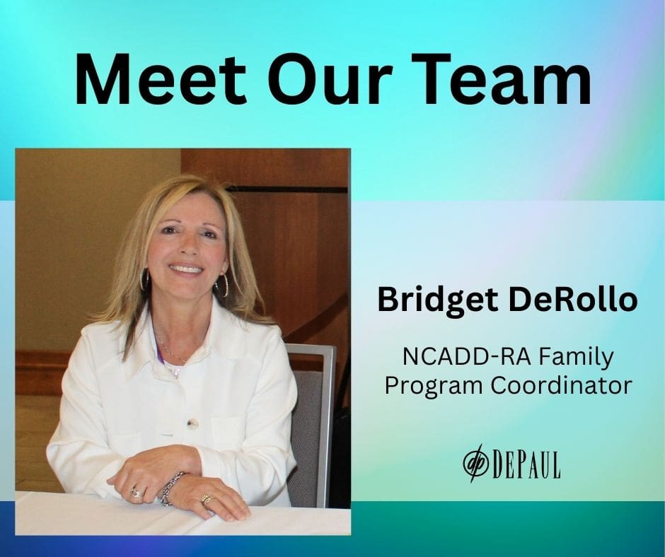 Blue and purple gradient background with photo of Bridget DeRollo and black DePaul logo at bottom.