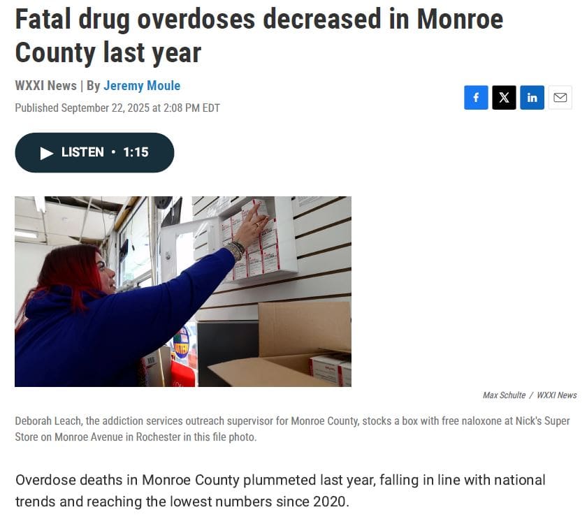 Article text and photo of woman stocking naxolone on a store shelf