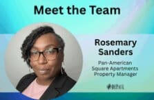Blue and purple gradient background with photo of Rosemary Sanders, Pan-American Square Apartments Property Manager, and Black DePaul logo