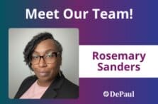 A woman with short brown hair and glasses smiles at the camera. Text above reads Meet Our Team! and below her photo is the name Rosemary Sanders. The DePaul logo appears in the bottom right corner on a purple gradient background.