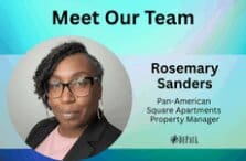 Blue and purple gradient background with photo of Rosemary Sanders, Pan-American Square Apartments Property Manager, and black DePaul logo.