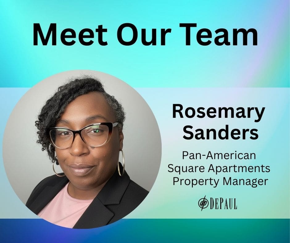 Blue and purple gradient background with photo of Rosemary Sanders, Pan-American Square Apartments Property Manager, and black DePaul logo.
