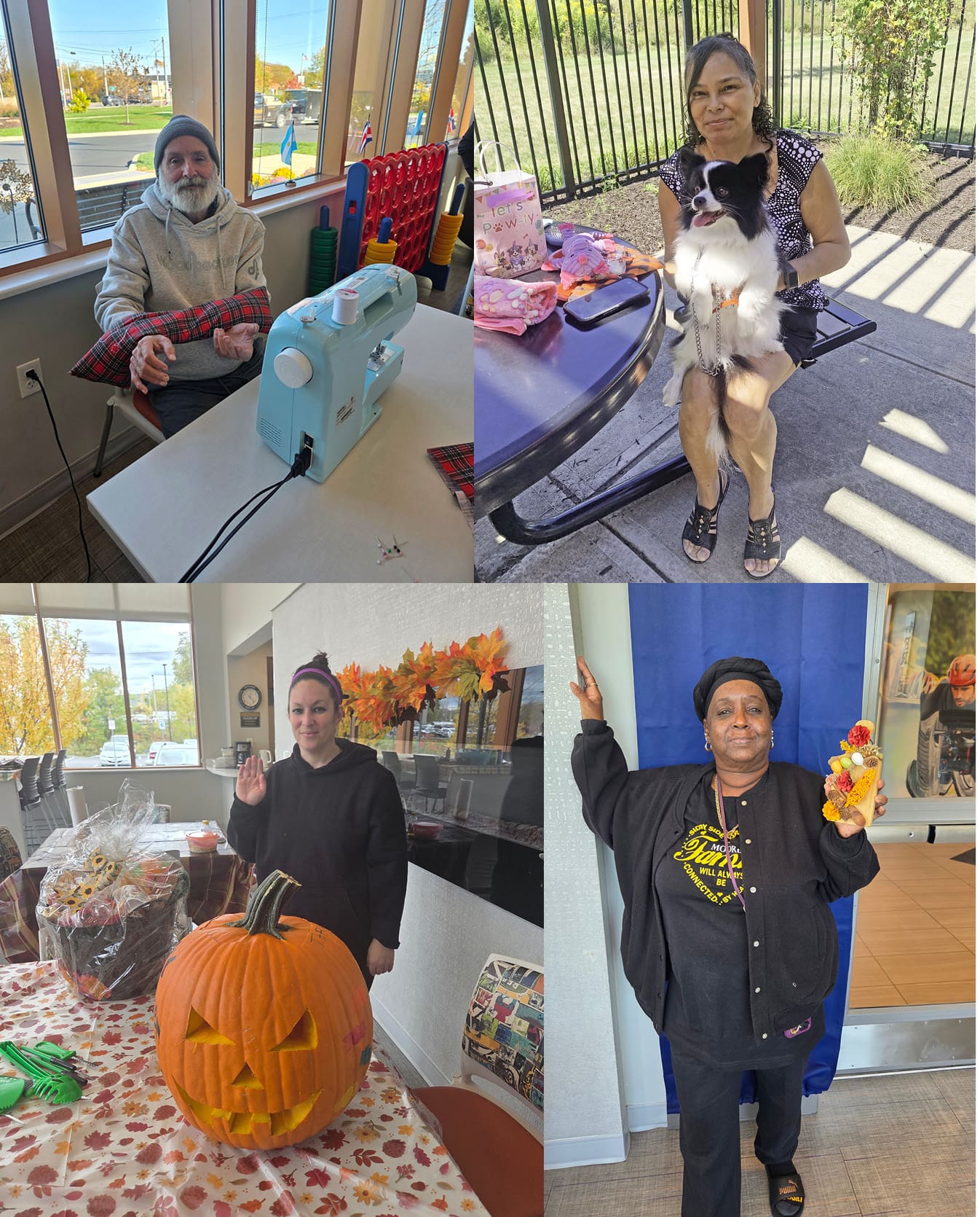 Collage featuring a person holding a warming bag; person holding dog; person holding craft; person with a carved pumpkin