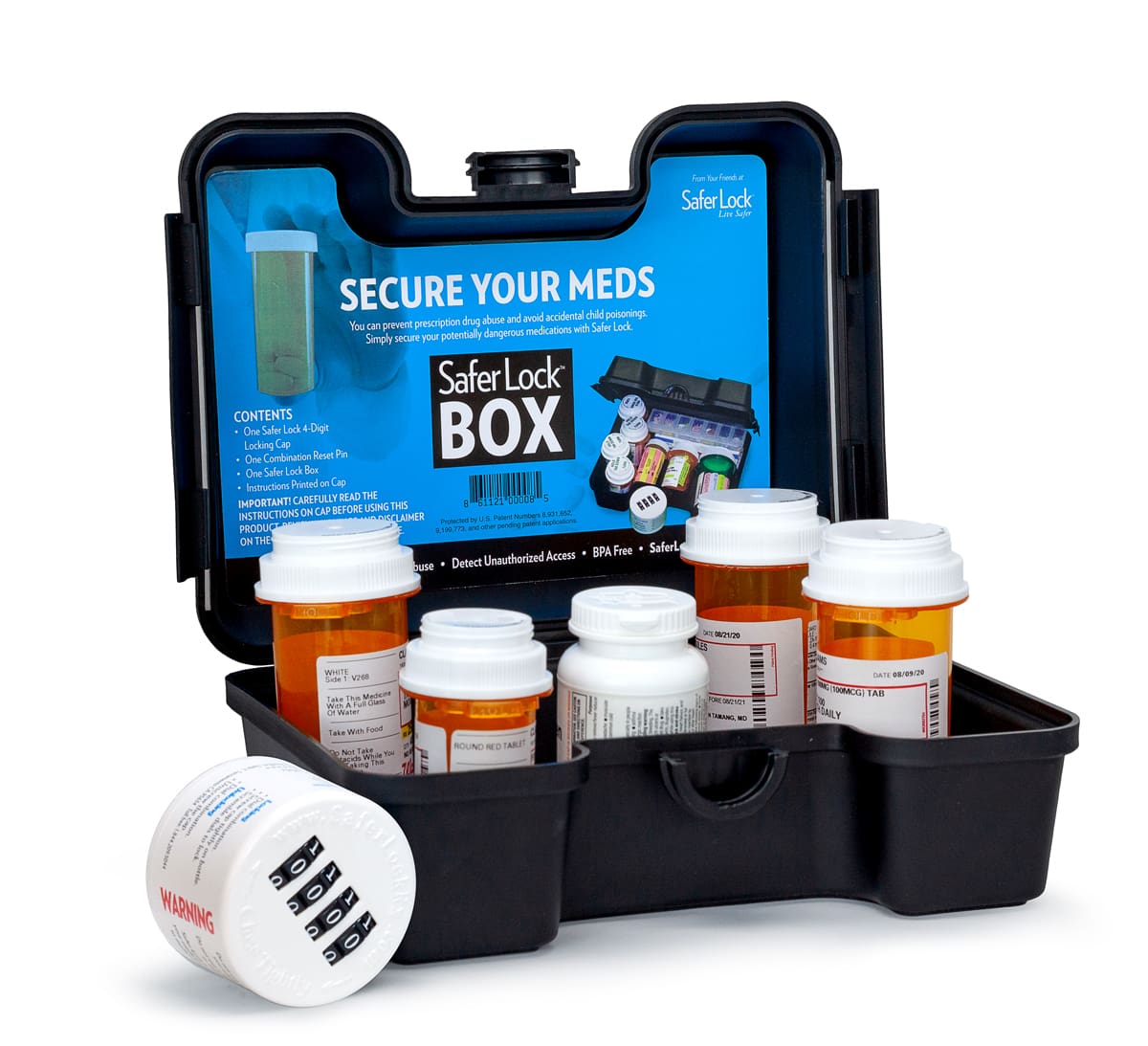 Medication lock box containing prescription medicine bottles