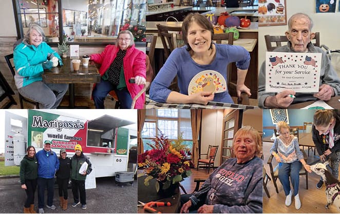Photo collage including individuals seated at a table with beverages, a person holding a turkey craft, a Veteran holding a certificate, a senior petting a goat, a person seated with a flower arrangement, and four people in front of a food truck.
