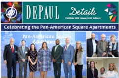 DePaul Details cover with three photo collage of people. White DePaul logo on mosaic background and teal bar with DePaul Details.