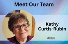 Blue and purple gradient background with photo of Kathy Curtis-Rubin. Text of Meet Our Team, Kathy Curtis-Rubin.