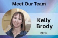 Blue and purple gradient background with photo of Kathy Curtis-Rubin. Text of Meet Our Team, Kelly Brody.