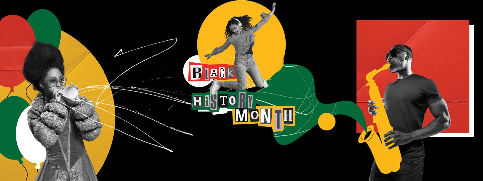 A vibrant collage for Black History Month featuring a woman singing, a person jumping, and a man playing a yellow saxophone, with colorful shapes and cutout letters spelling Black History Month.