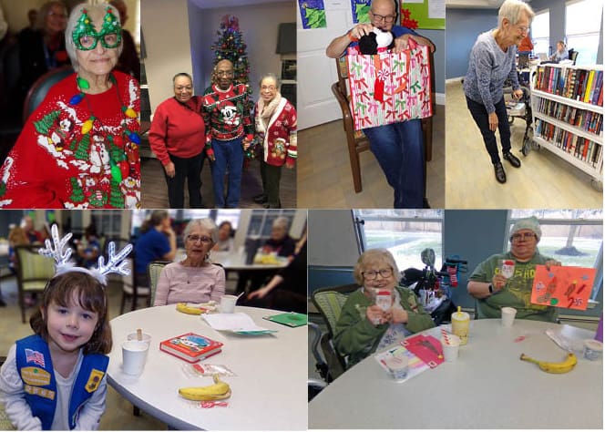 Photo collage including person dressed in holiday attire, three people in front of a decorated tree, person opening present, person looking at books on shelf, Girl Scout and senior citizen seated at table and two people with greeting cards and treats.
