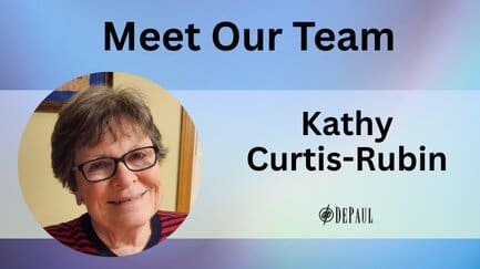 Blue and purple gradient background with photo of Kathy Curtis-Rubin. Text of Meet Our Team, Kathy Curtis-Rubin.