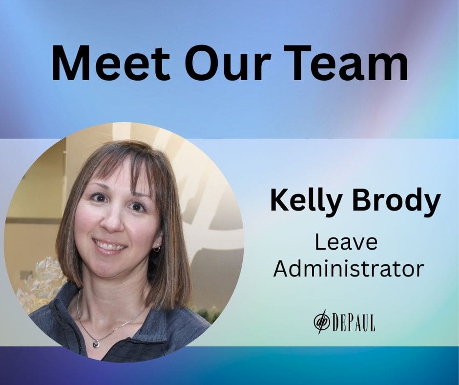 Blue and purple gradient background with photo of Kelly Brody. Text of Meet Our Team, Kelly Brody, Leave Administrator.