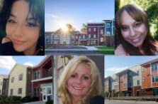 A collage showing three women smiling in portrait photos, alongside images of modern apartment buildings under blue skies.