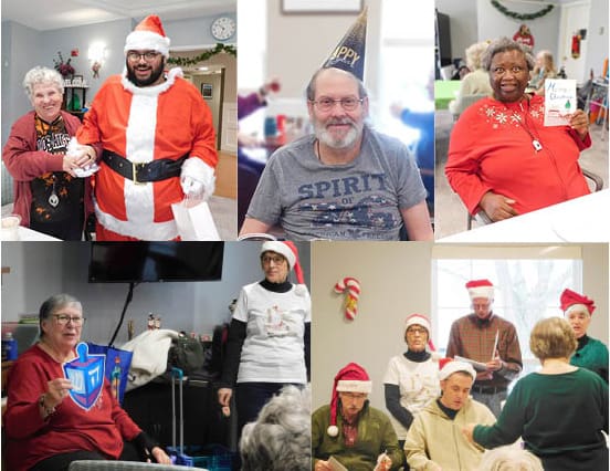 Photo collage featuring person with Santa Claus, person wearing a party hat, person holding a holiday card, person holding a dreidel, and group of people singing in Santa hats. 