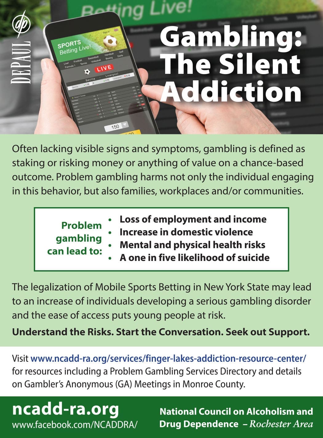 A poster from NCADD-RA discusses gambling as a silent addiction, listing its harms, problems caused, and promoting resources for help. The background features a sportsbook screen and betting slips.