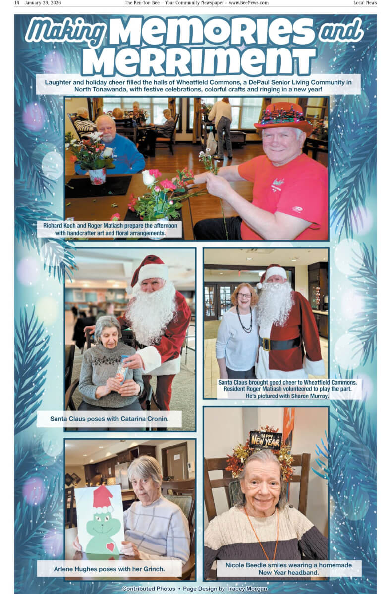 A collage of holiday photos at a senior living community: residents and staff pose with Santa, the Grinch, and each other amid festive decorations, bright lights, and holiday cheer.