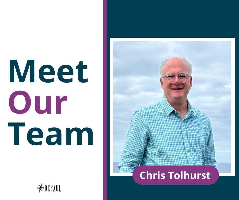 A man wearing glasses and a light blue checkered shirt smiles in front of a cloudy sky. Text reads Meet Our Team and Chris Tolhurst with the DePaul logo at the bottom.