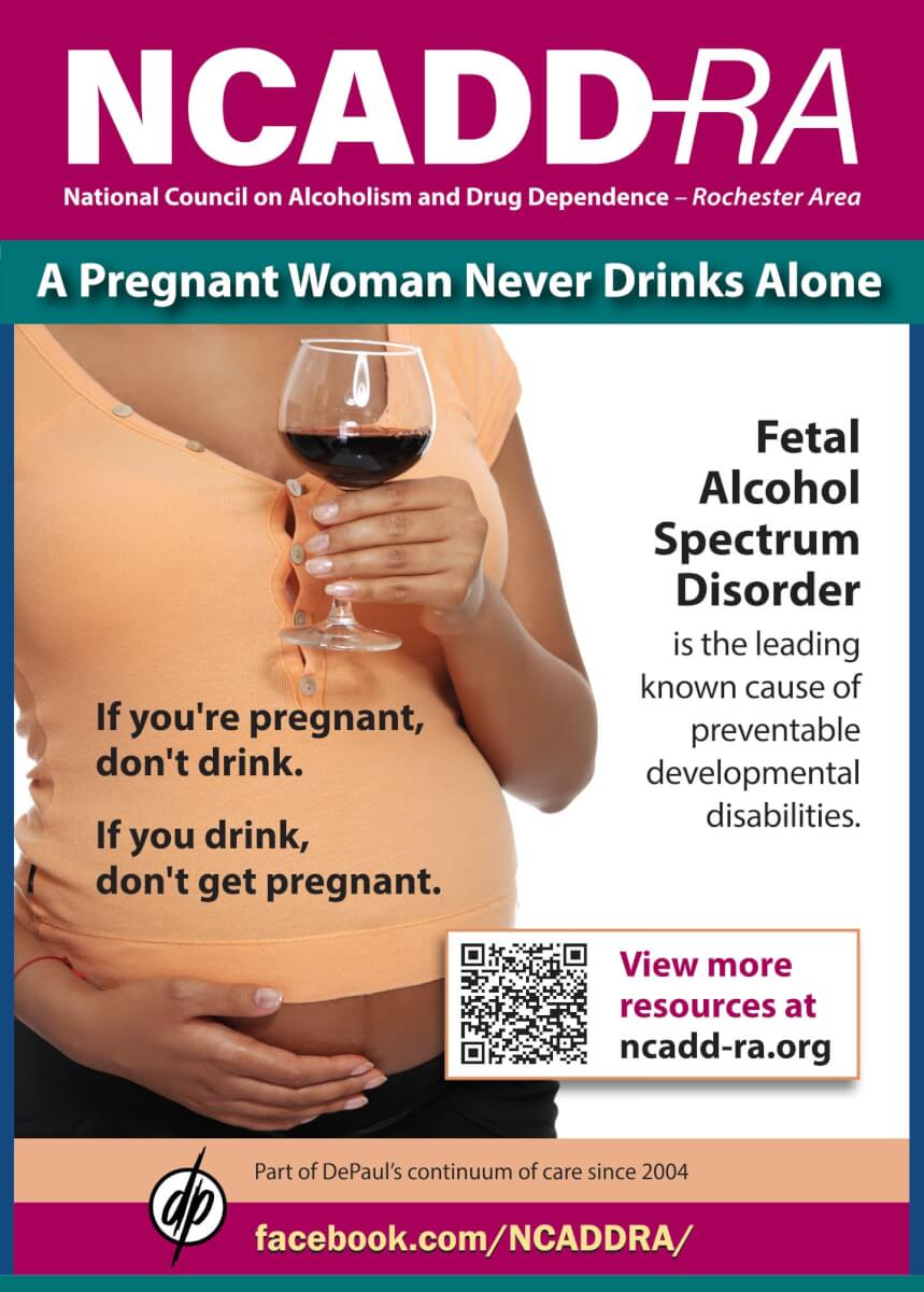 A pregnant woman holds a glass of red wine. Text warns against drinking alcohol during pregnancy, citing risks of Fetal Alcohol Spectrum Disorder. A QR code and website link for more info are included.