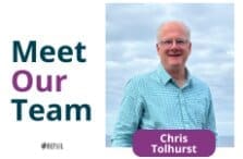 A smiling man in glasses and a blue checkered shirt stands outdoors. Text reads Meet Our Team and Chris Tolhurst on a purple label. The logo CHC appears at the bottom.