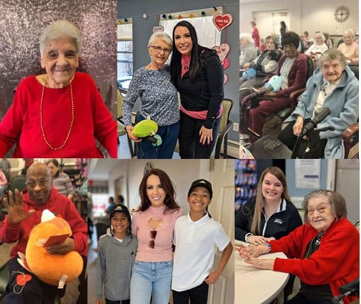 A collage of photos showing seniors and visitors at a care facility, smiling, hugging, and holding plush toys in a lively, friendly environment.