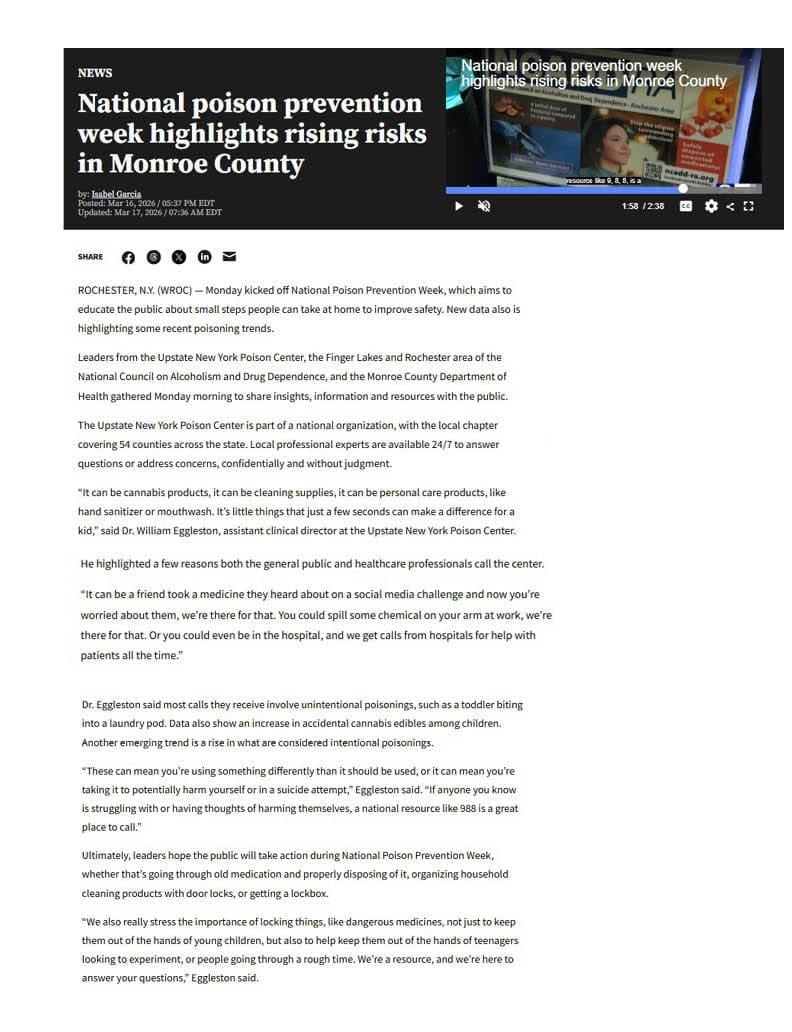Screenshot of a news article titled National poison prevention week highlights rising risks in Monroe County, with a photo of a TV news segment and text discussing efforts to educate the public about poison risks and prevention.