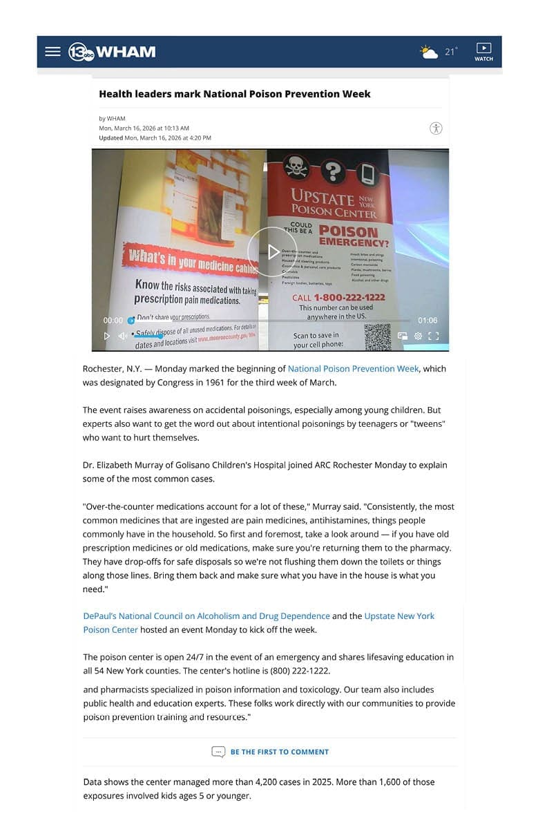 A news article titled Health leaders mark National Poison Prevention Week features an image of a poison prevention poster with emergency contact information and safety tips. The article discusses efforts to raise awareness about poison prevention.