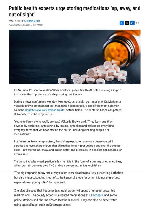 A news article with the headline Public health experts urge storing medications up, away, and out of sight shows an image of pills spilling from a white prescription bottle onto a dark surface.
