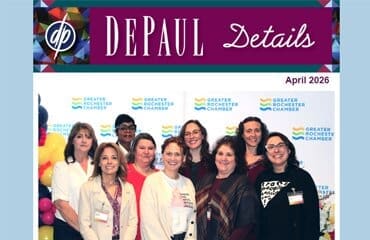 A group of ten people smile for a photo in front of a Greater Rochester Chamber backdrop. The image is part of a newsletter titled DePaul Details, dated April 2026.