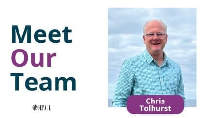 A smiling man in glasses and a blue checked shirt stands outdoors under a cloudy sky. Text reads “Meet Our Team” and “Chris Tolhurst.” The DePaul logo appears in the bottom left corner.