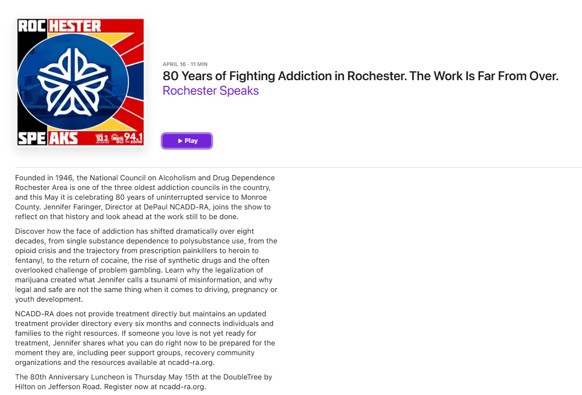A website article titled 80 Years of Fighting Addiction in Rochester. The Work Is Far From Over. features a red, blue, and white ROCHESTER SPEAKS logo on the left and event details with a description of addiction support services on the right.
