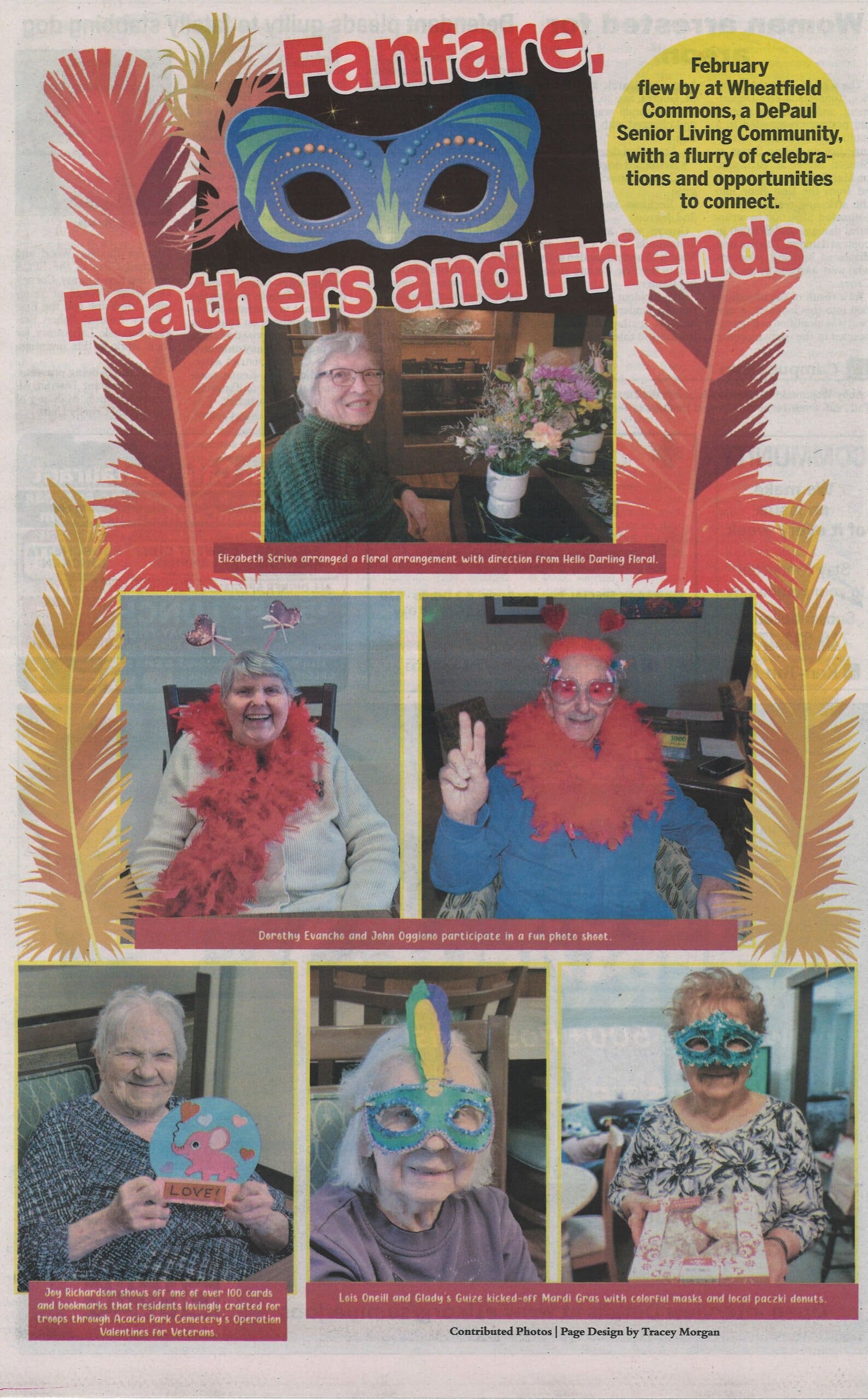A colorful newsletter page titled Fanfare, Feathers and Friends shows senior adults enjoying activities with masks, flowers, festive props, and crafts at Wheatfield Commons, decorated with feathers and bold text.
