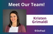 A woman with straight brown hair and a maroon sweater smiles at the camera. Text reads Meet Our Team! Kristen Grimaldi with the DePaul logo on a purple and blue gradient background.