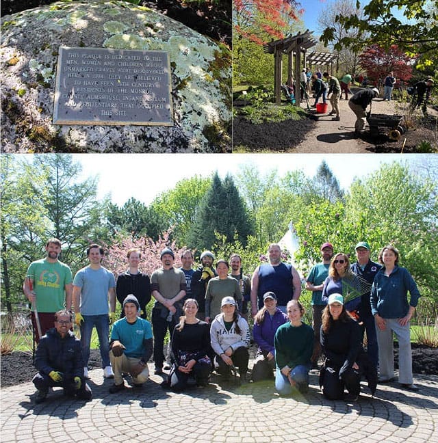 A commemorative plaque on a rock, people gardening under a wooden pergola, and a group of volunteers posing together in a sunny, green park.