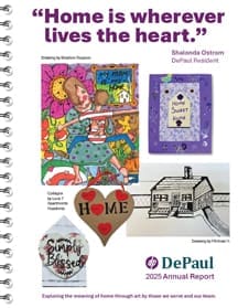 A report cover with the quote “Home is wherever lives the heart.” It features colorful drawings of houses and hearts, a “Simply Blessed” sign, and the DePaul logo with “2023 Annual Report” at the bottom.