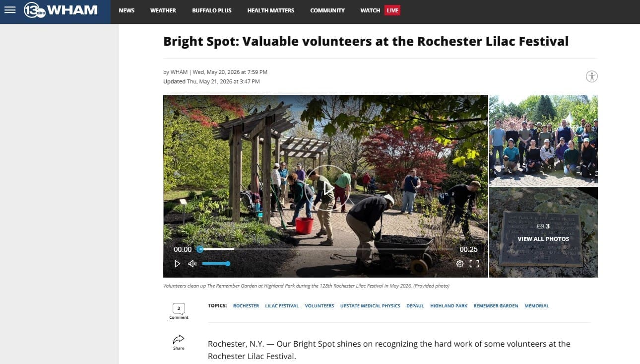 A group of volunteers works in a garden under a wooden arbor at the Rochester Lilac Festival. Inset images show a group photo, a floral display, and a button labeled View All Photos.