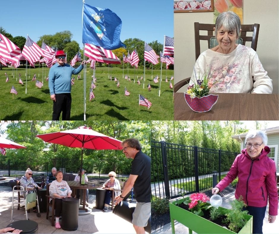 A collage of four images of individuals in front of a field of U.S. flags; sitting with a small flower arrangement; sitting outdoors under red umbrellas; and watering flowers in a planter.