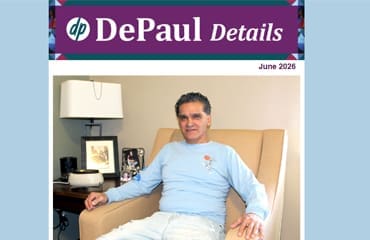 A man wearing a light blue long-sleeve shirt sits in a beige armchair in a living room. A lamp, framed photos, and small objects are on the table beside him. The header reads DePaul Details, June 2026.