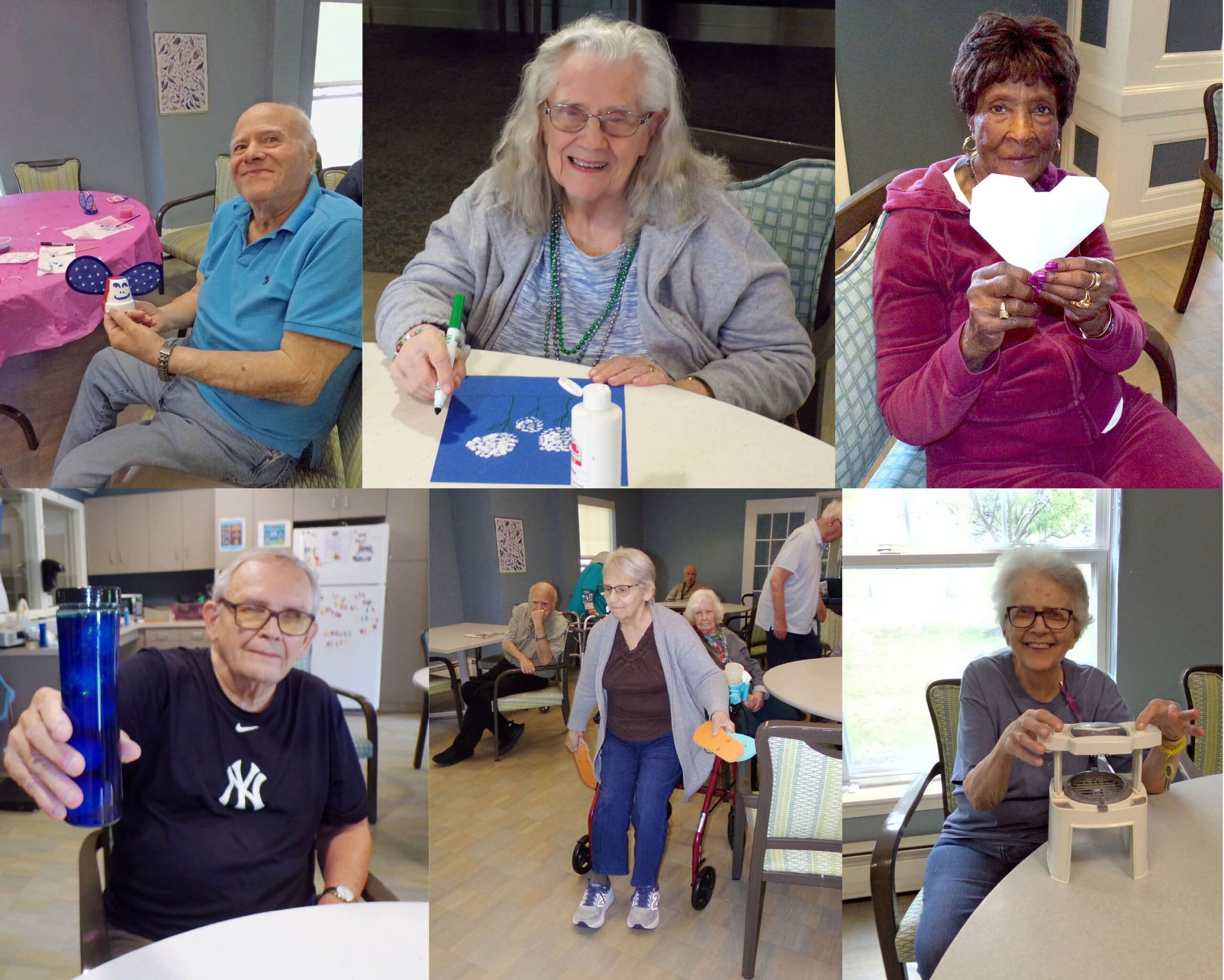 A collage of six seniors engaged in activities: crafting, holding art, raising a blue cup, using a walker, and smiling at a table, in a bright and friendly community space.