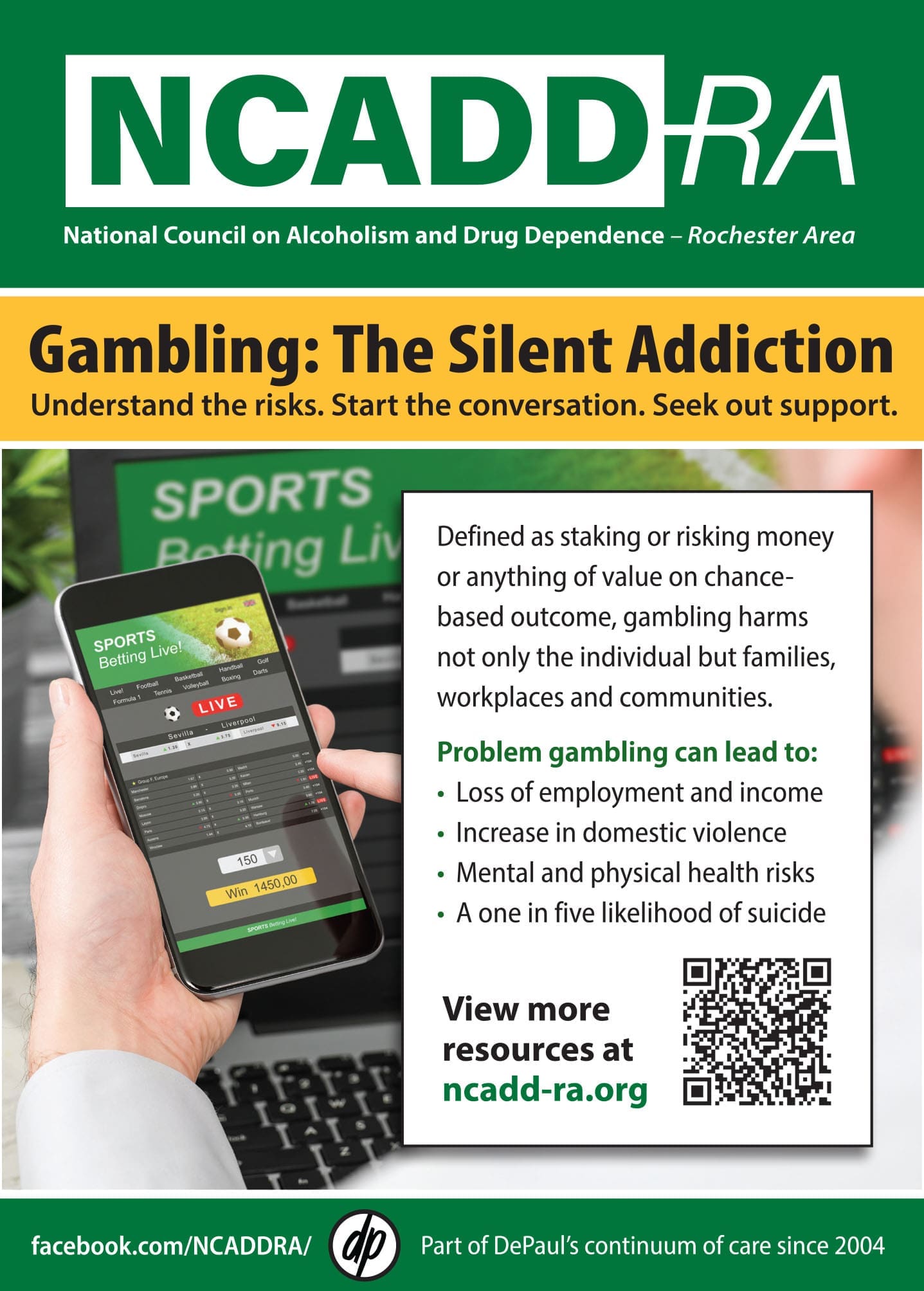 A flyer for NCADD-RA on gambling addiction shows a smartphone with a sports betting app, a warning about gambling risks, and lists consequences like job loss, violence, mental health issues, and increased suicide risk.