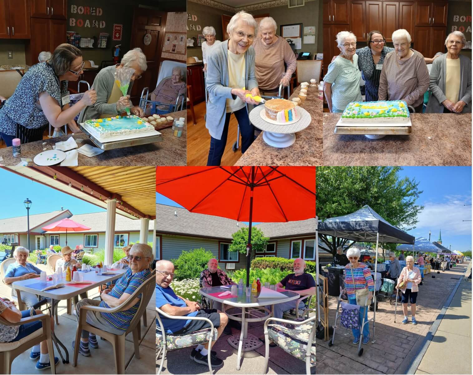 A collage shows elderly women decorating cakes indoors and later sitting in groups outdoors under umbrellas, laughing, eating, and enjoying a sunny day together at what appears to be a senior living community.