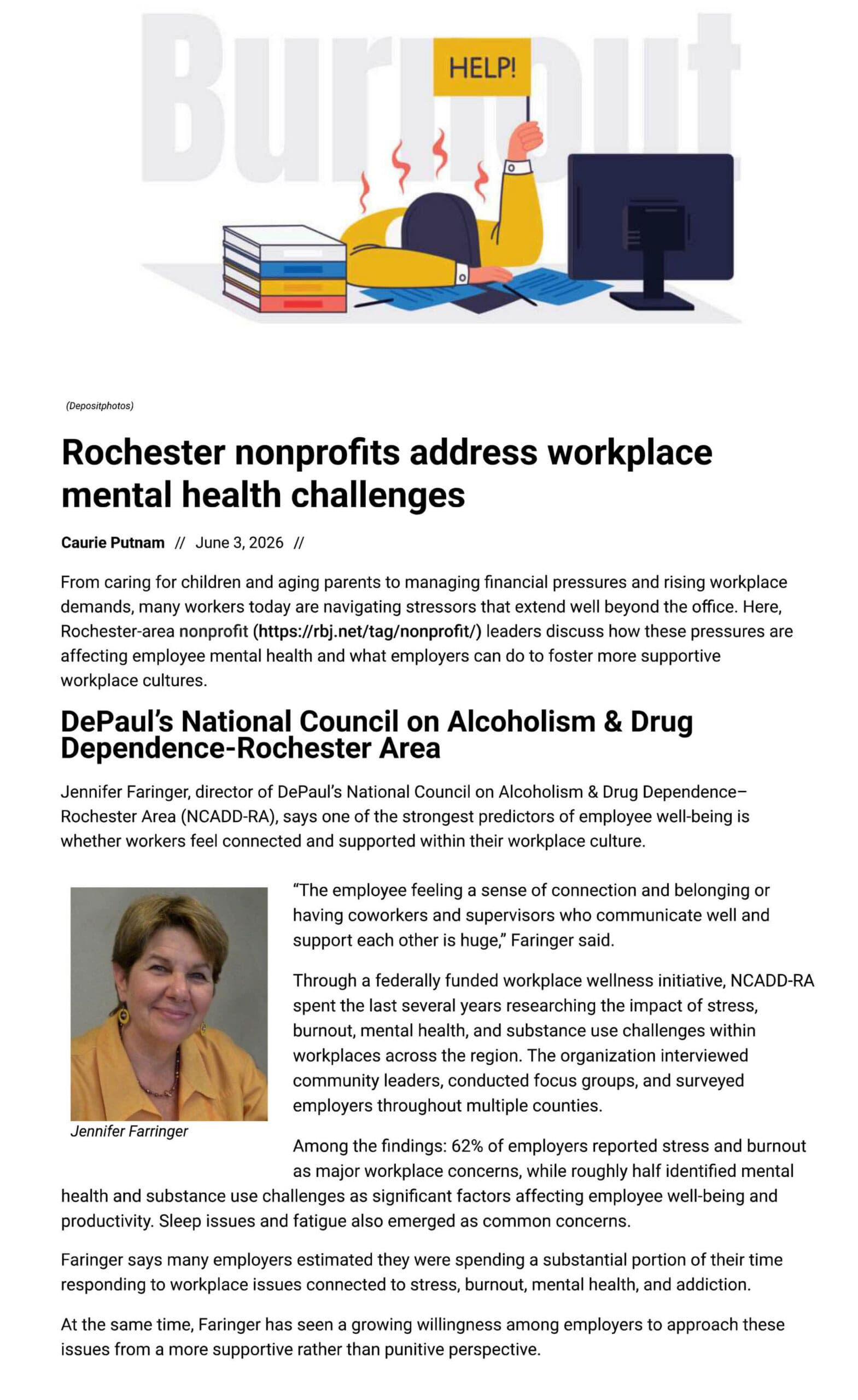 A news article titled Rochester nonprofits address workplace mental health challenges features a header image with the word Burnout and a person raising a HELP! sign, and includes a photo of Jennifer Faringer.