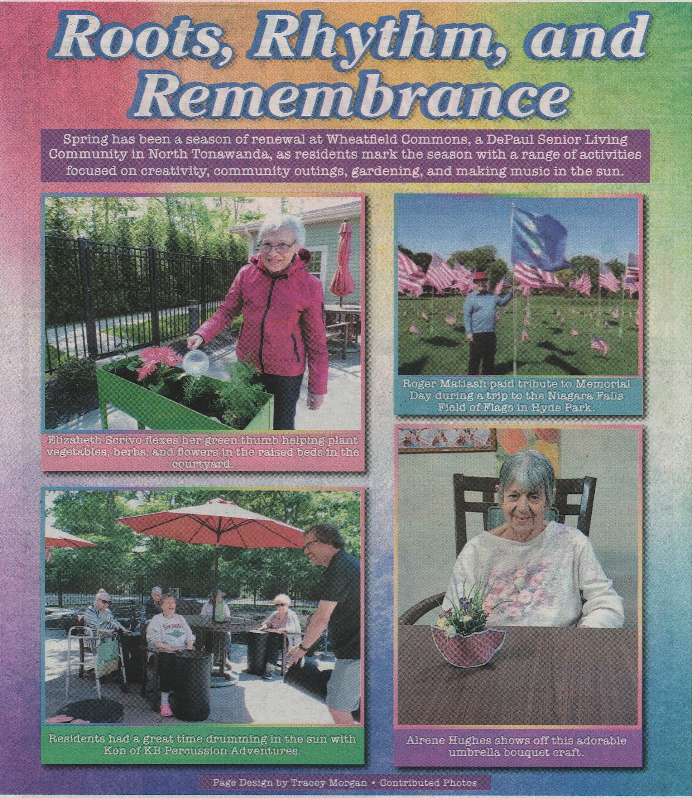 A collage shows seniors gardening, waving flags at a field, drumming, and holding a flower bouquet at Wheatfield Commons senior living communitys seasonal events.