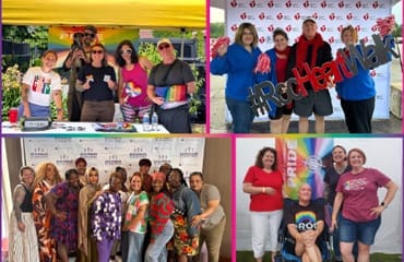 Collage of four photos showing diverse groups of people at outdoor and indoor Pride events, holding rainbow gear, signs, and smiling together. Some stand under a tent, others by banners or holding props.
