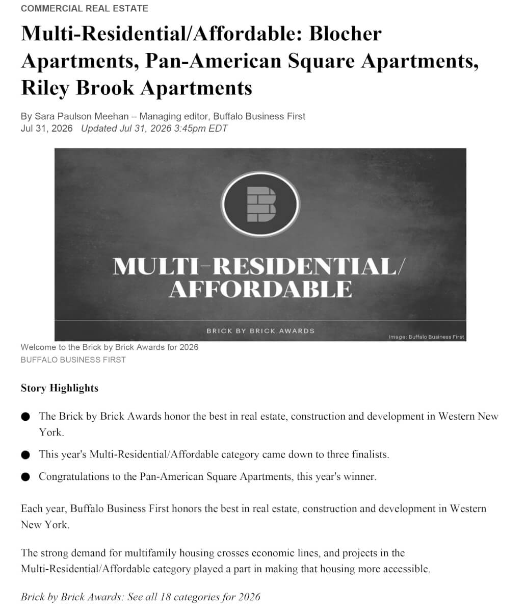 A news article with the headline Multi-Residential/Affordable: Blocher Apartments, Pan-American Square Apartments, Riley Brook Apartments and an image of the Brick by Brick Awards logo.