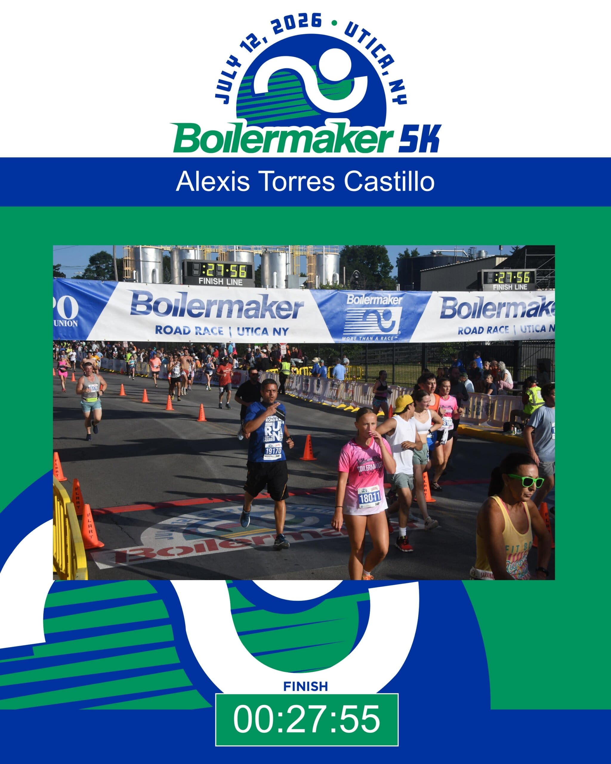 Runners cross the finish line at the 2026 Boilermaker 5K in Utica, NY. A digital timer shows 27:56. Banners and race branding are visible, with runners wearing numbered bibs.