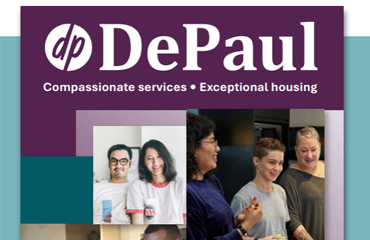 DePaul logo with the tagline Compassionate services • Exceptional housing above photos of diverse people smiling and interacting indoors.